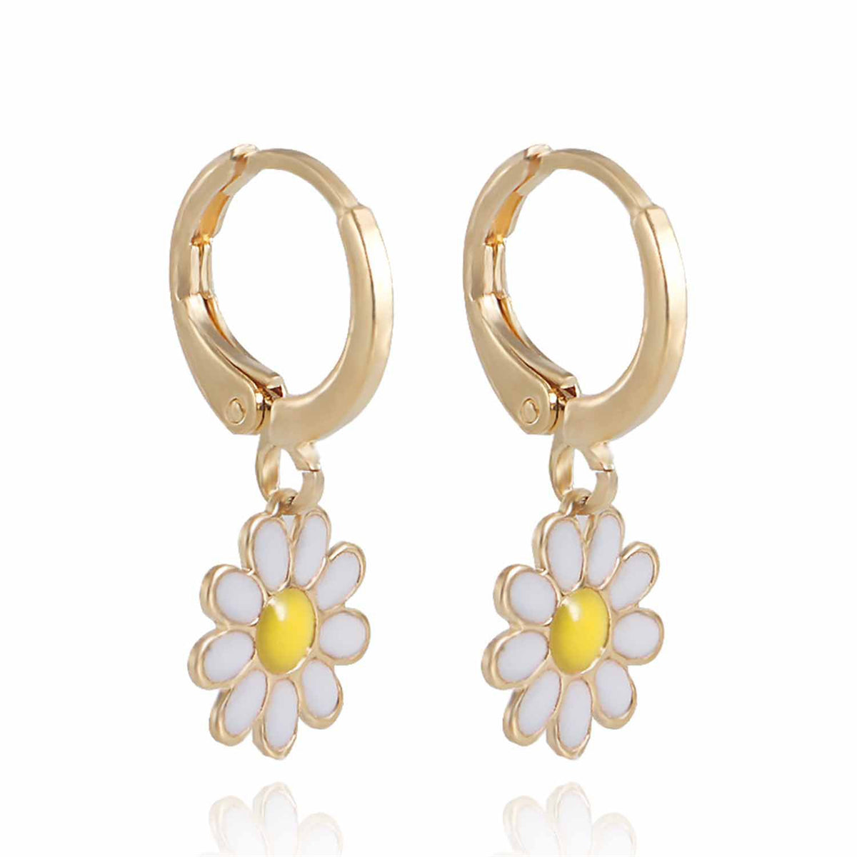 White Enamel and 18K Gold-Plated Daisies Huggie Earrings, gold huggie earrings, dainty minimalist design, front view