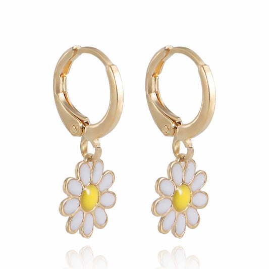 White Enamel and 18K Gold-Plated Daisies Huggie Earrings, gold huggie earrings, dainty minimalist design, front view