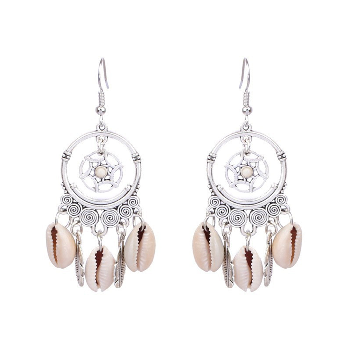 Pearl & Conch Shell Silver-Plated Circle Leaf Drop Earrings