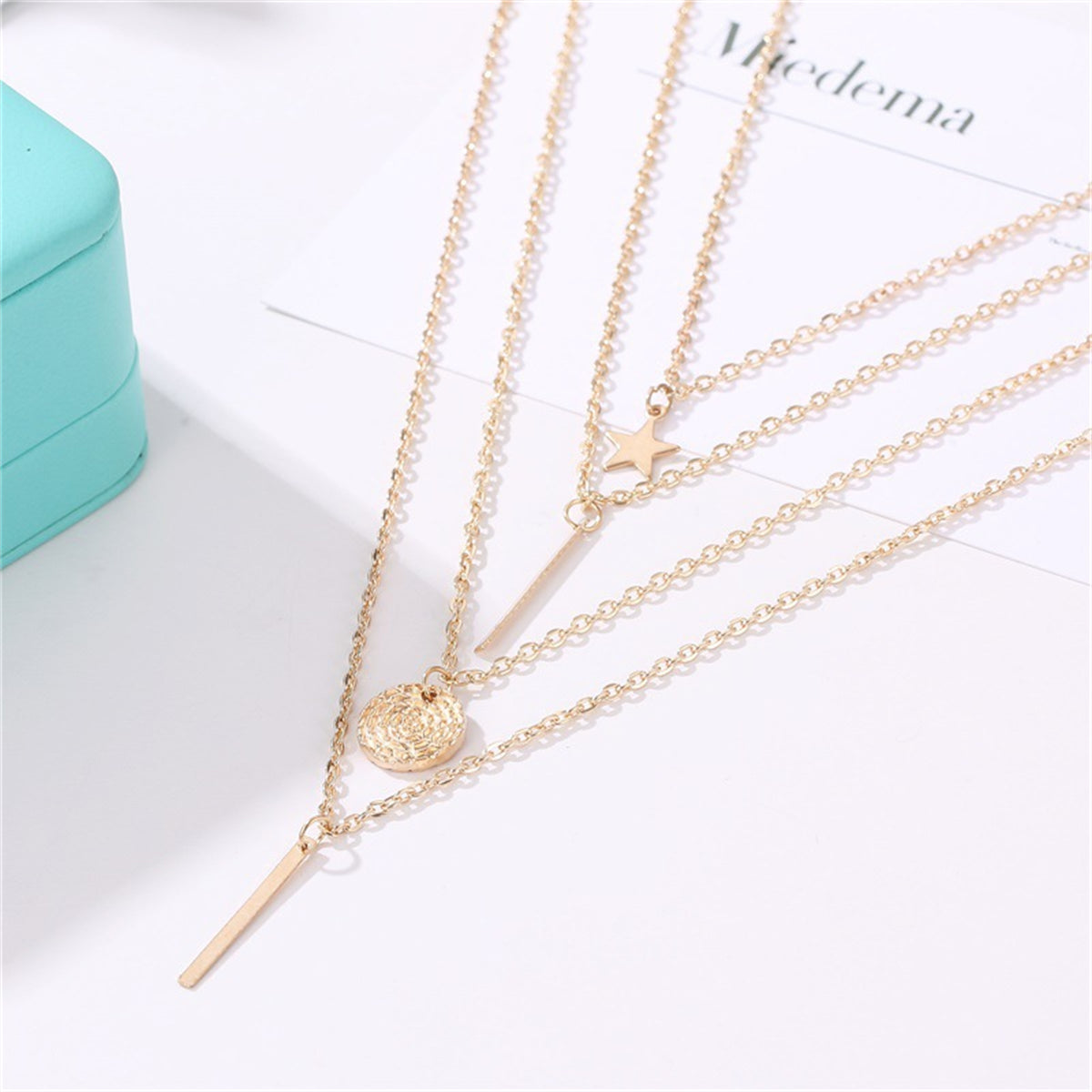 18K Gold-Plated Disc Bar Layered Pendant Necklace, gold pendant necklace for women, dainty minimalist design, lifestyle look
