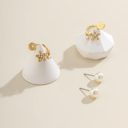 Cubic Zirconia and Pearl Flower Ear Jackets, stud earrings for women, dainty minimalist design, detail close-up