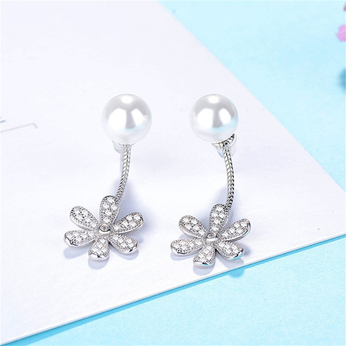 Cubic Zirconia & Pearl Silver-Plated Flower Drop Earrings