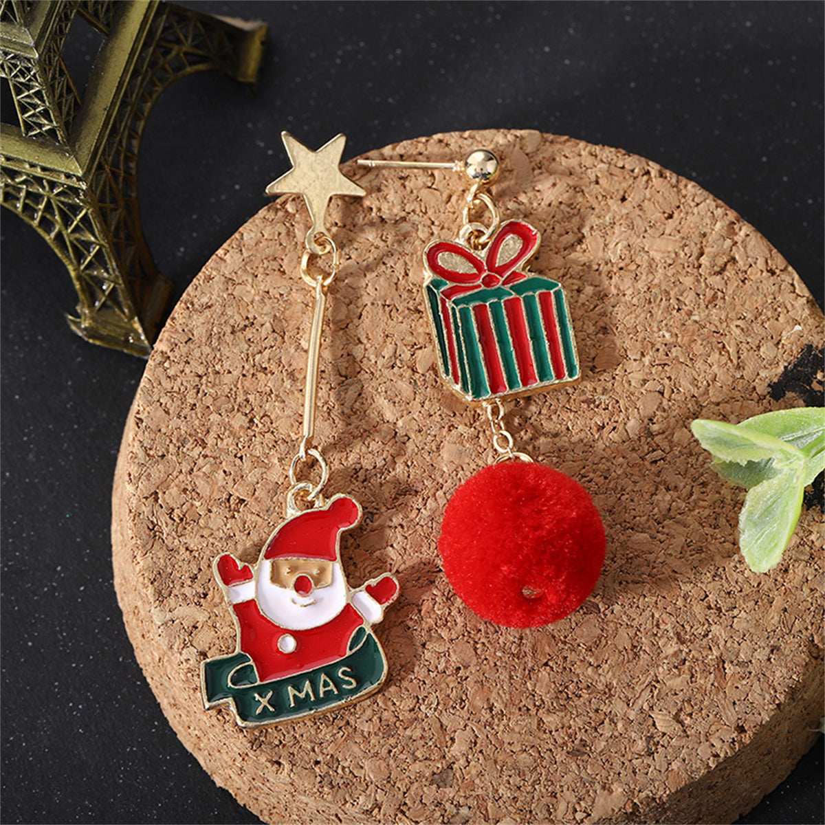 Red & 18K Gold-Plated Santa Gift Box Pom-Pom Mismatch Drop Earrings