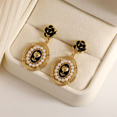 Pearl & Black Enamel 18K Gold-Plated Floral Cameo Drop Earrings