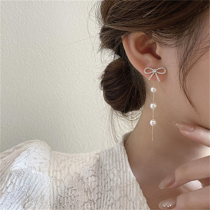 Cubic Zirconia and Pearl 18K Gold-Plated Bow Dangle Ear Jackets, gold drop earrings for women, everyday style, styled look