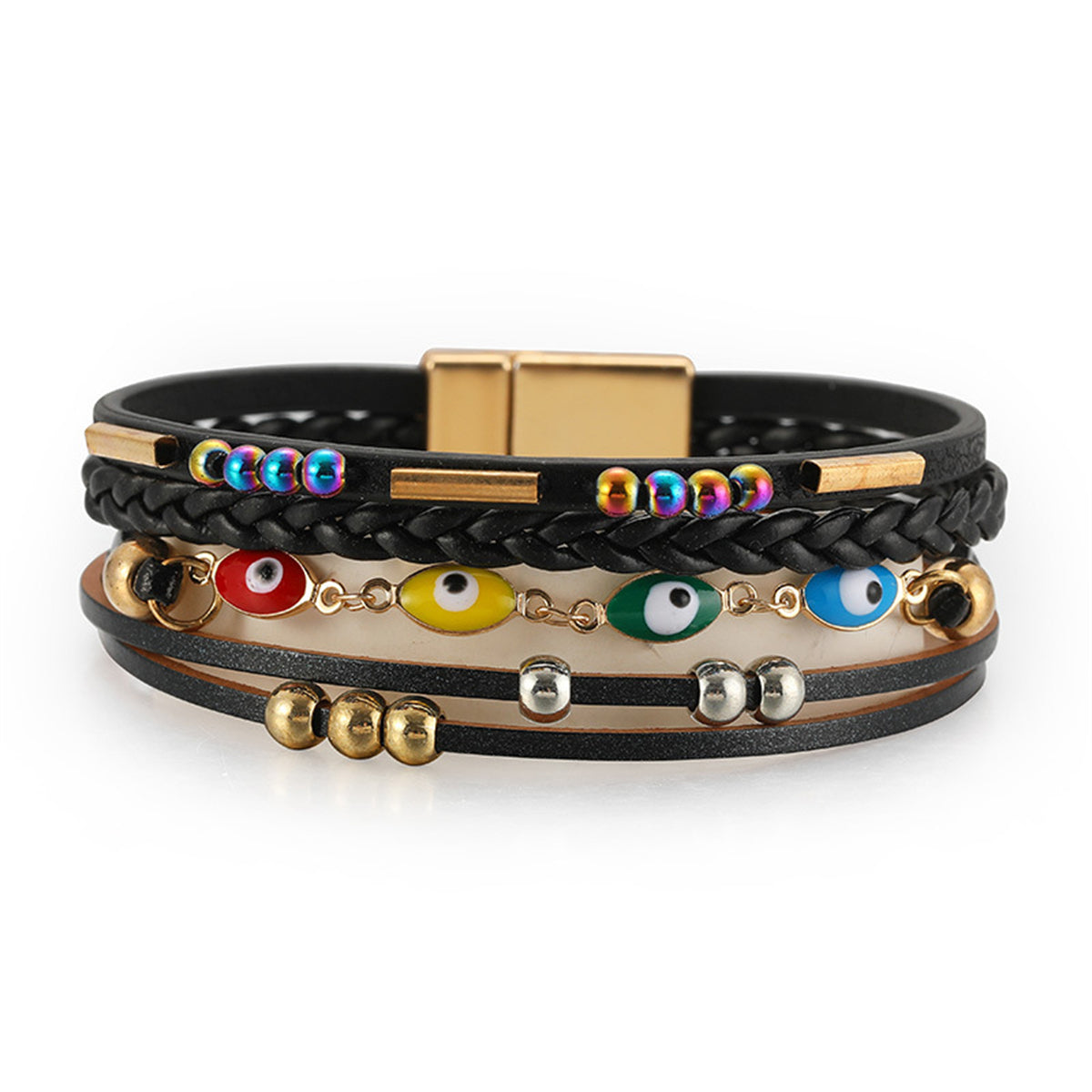 Black Polystyrene and 18K Gold-Plated Evil Eye Multistrand Cuff, gold bracelet for women, detail close-up