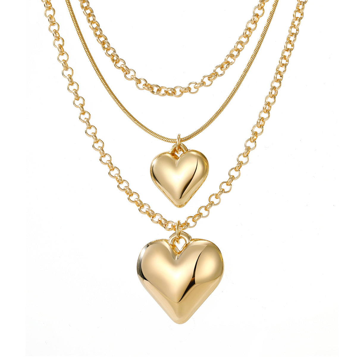 18K Gold-Plated Heart Layered Pendant Necklace, gold pendant necklace for women, vintage-inspired design, front view