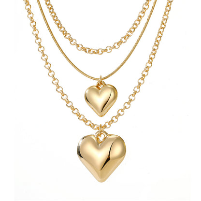 18K Gold-Plated Heart Layered Pendant Necklace, gold pendant necklace for women, vintage-inspired design, front view