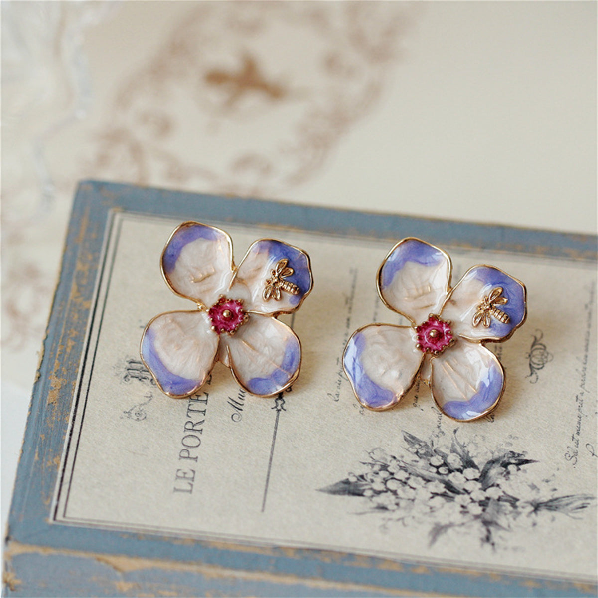 Purple Enamel & 18K Gold-Plated Bee Flower Stud Earrings