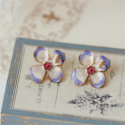 Purple Enamel & 18K Gold-Plated Bee Flower Stud Earrings