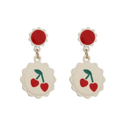 White & Red Enamel Scalloped Heart Cherry Drop Earrings