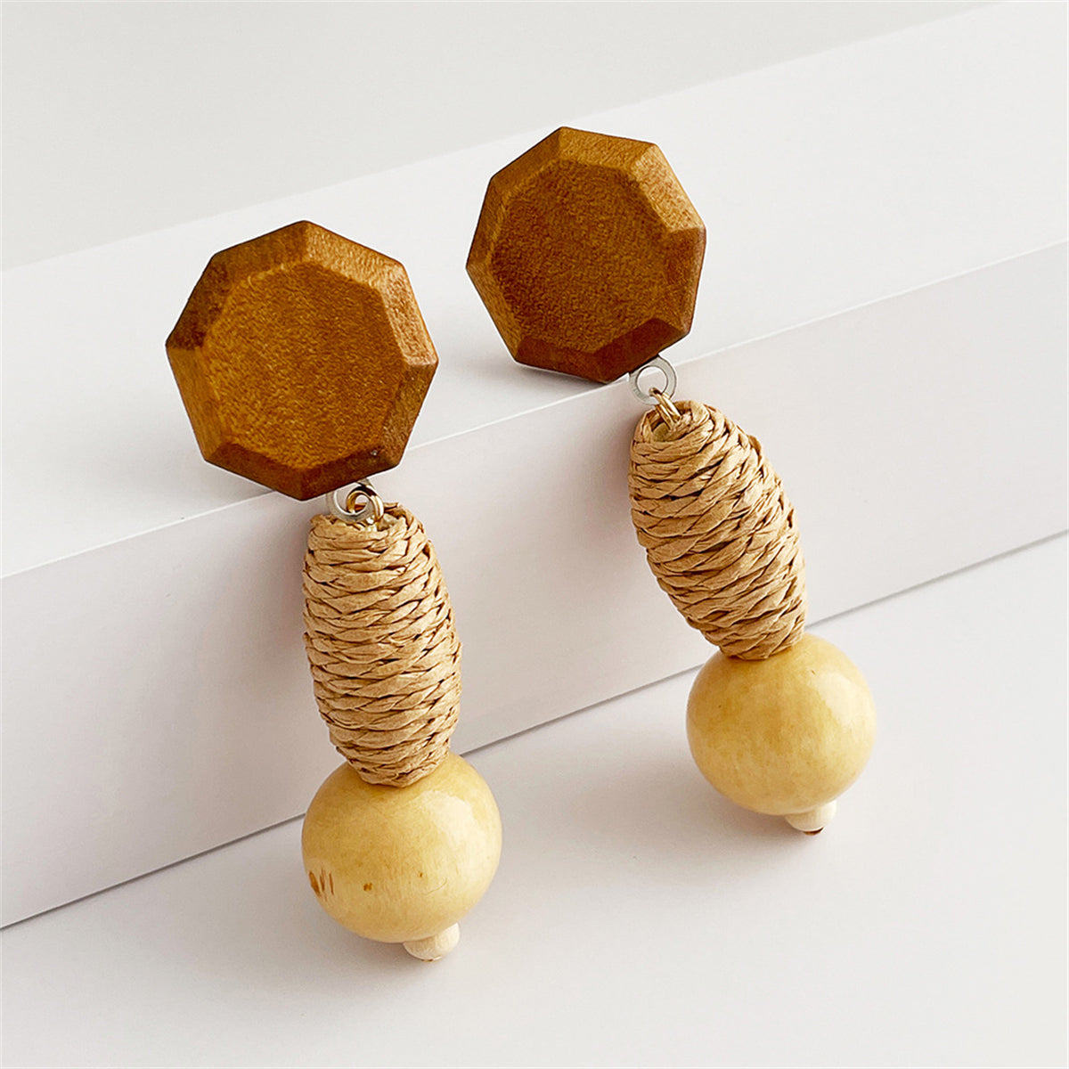 Wood and Rattan Geometric Tiered Drop Earrings, drop earrings for women, dainty minimalist design, lifestyle look