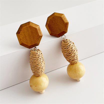 Wood and Rattan Geometric Tiered Drop Earrings, drop earrings for women, dainty minimalist design, lifestyle look