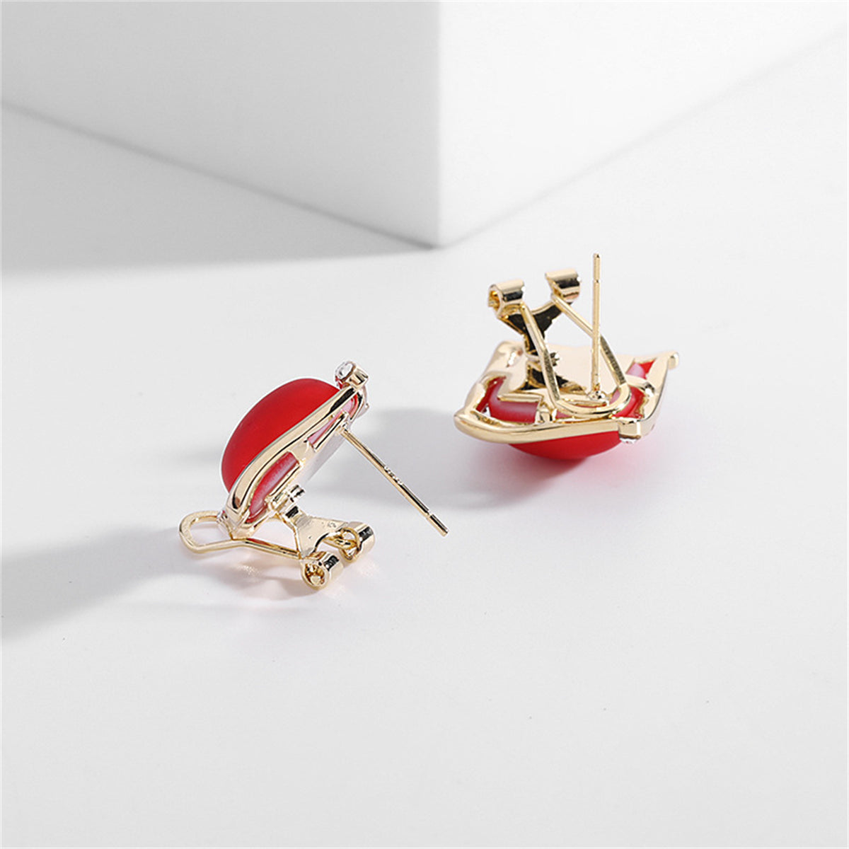 Red Resin & Cubic Zirconia Rhombus Stud Earrings