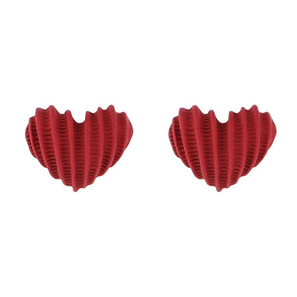 Red Enamel and Silver-Plated Textured Heart Stud Earrings, silver stud earrings for women, detail close-up