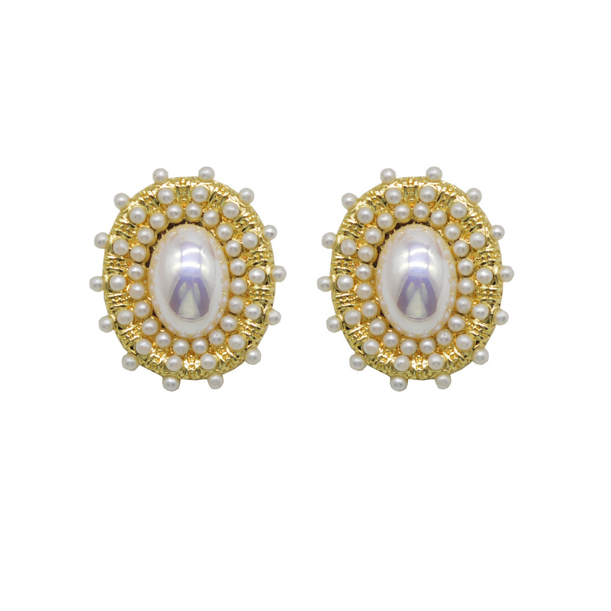 Pearl and 18K Gold-Plated Halo Oval Stud Earrings, gold stud earrings for women, botanical inspired, front view
