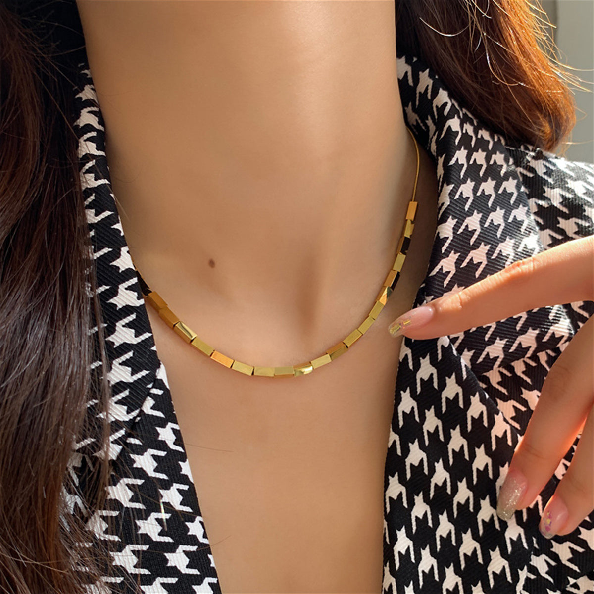 18K Gold-Plated Cuboid Necklace, gold pendant necklace for women, everyday style, styled look