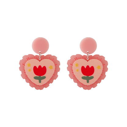 Pink Acrylic Tulip Heart Drop Earrings, drop earrings for women, elegant gift for her, lifestyle look