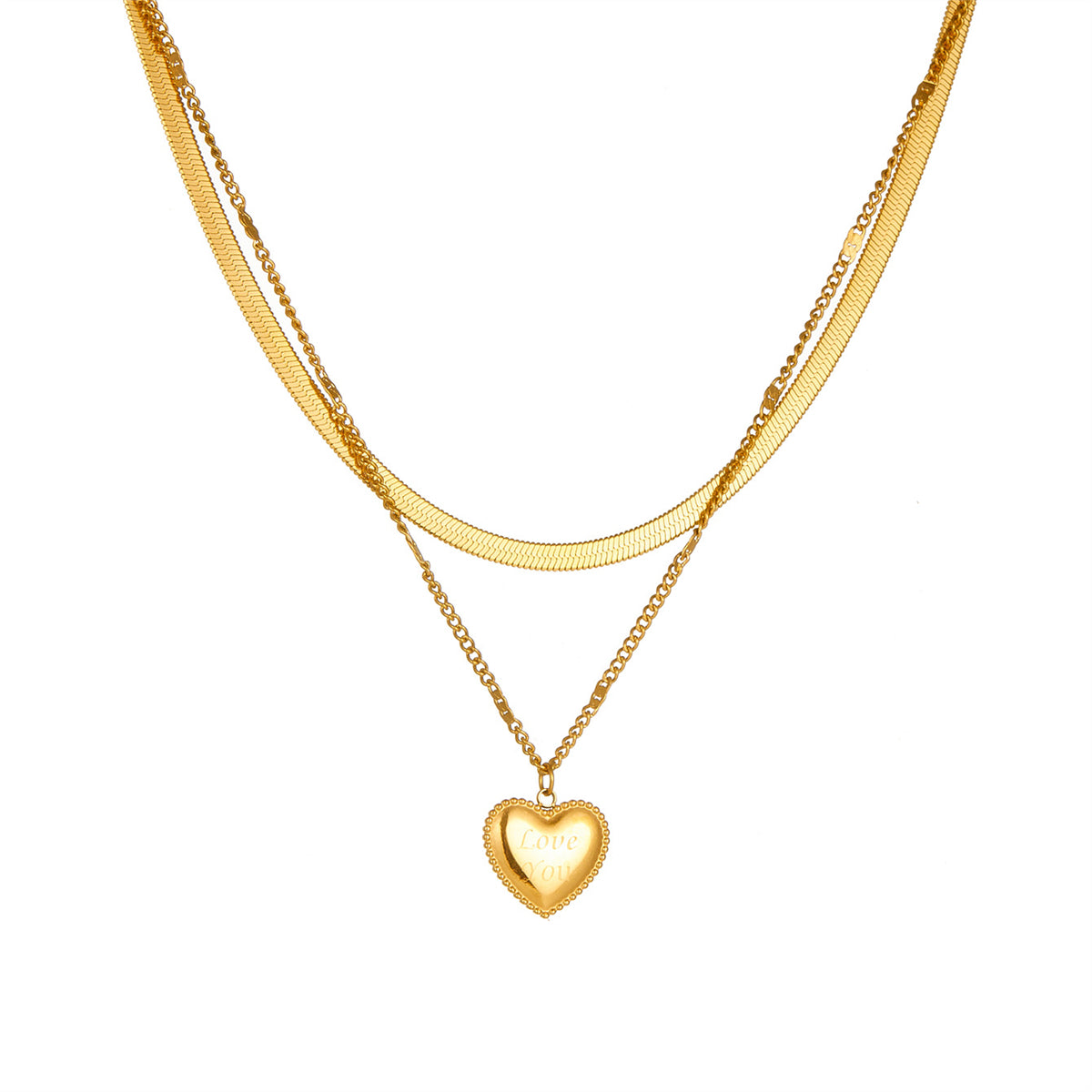 Stunning 18K gold-plated heart necklace featuring two chains and a 'Love You' pendant, ideal for any romantic occasion.
