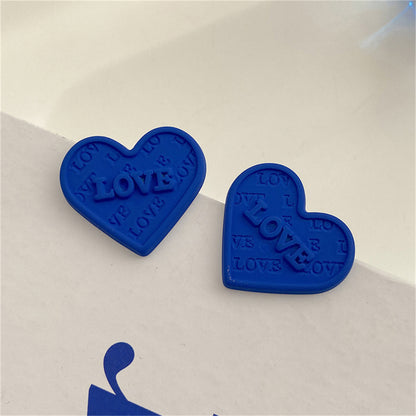 Blue Enamel and Silver-Plated 'Love' Heart Stud Earrings, silver stud earrings for women, detail close-up