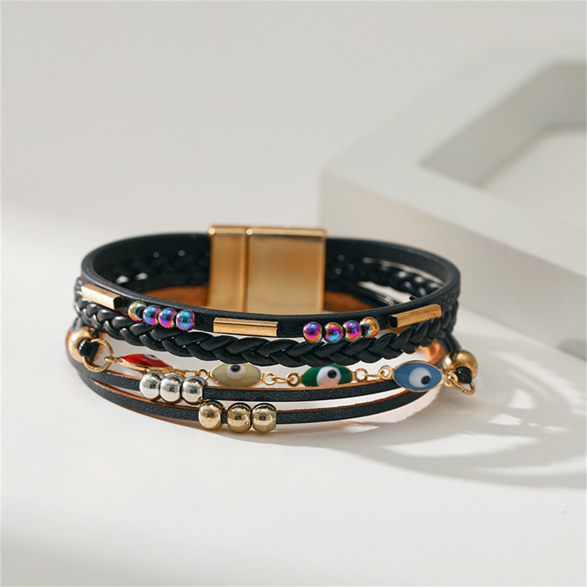 Black Polystyrene and 18K Gold-Plated Evil Eye Multistrand Cuff, gold bracelet for women, dainty minimalist design, side view