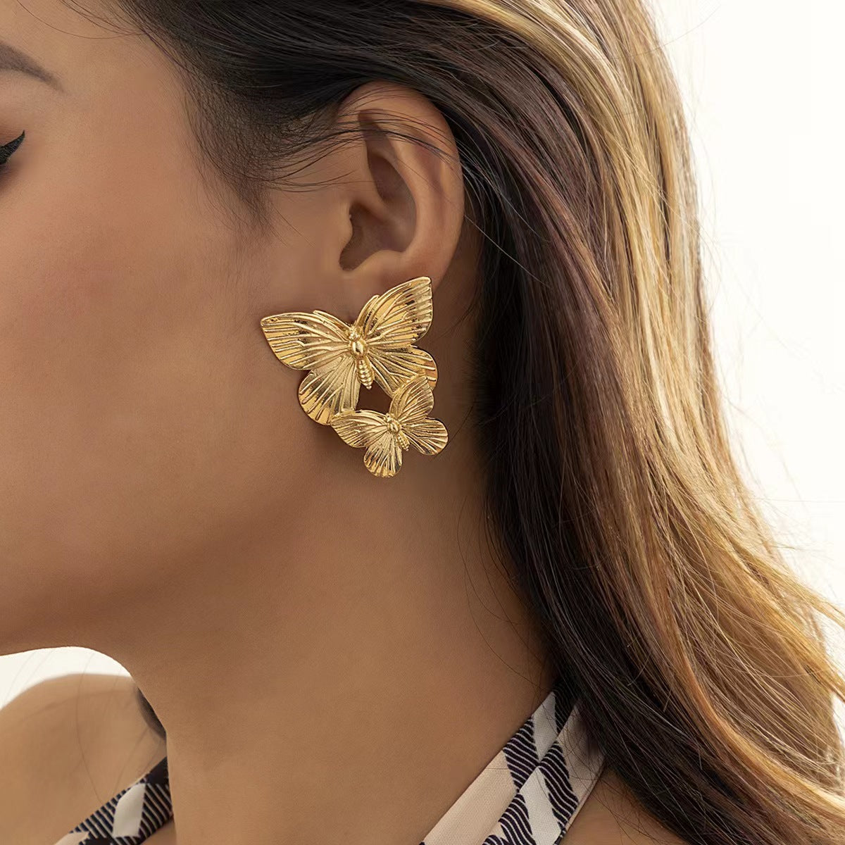 18K Gold-Plated Double-Butterfly Dangle Earrings, gold drop earrings for women, dainty minimalist design, styled look
