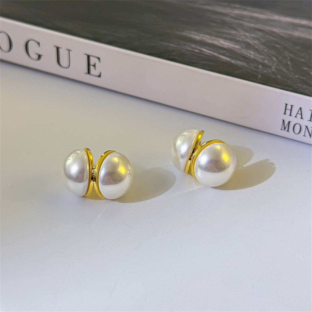 Pearl and 18K Gold-Plated Open Shell Huggie Earrings, gold huggie earrings, elegant gift for her, lifestyle look