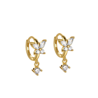 Cubic Zirconia and 18K Gold-Plated Butterfly Huggie Earrings, gold huggie earrings, dainty minimalist design, detail close-up