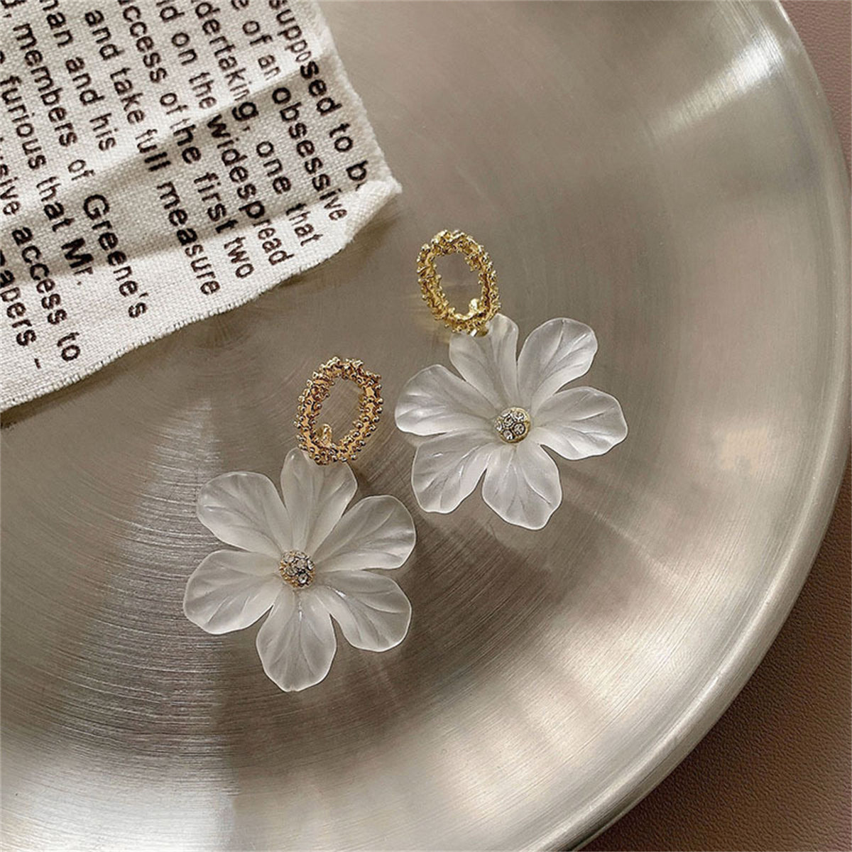 Cubic Zirconia and Acrylic 18K Gold-Plated Flower Drop Earrings, gold drop earrings for women, lifestyle look