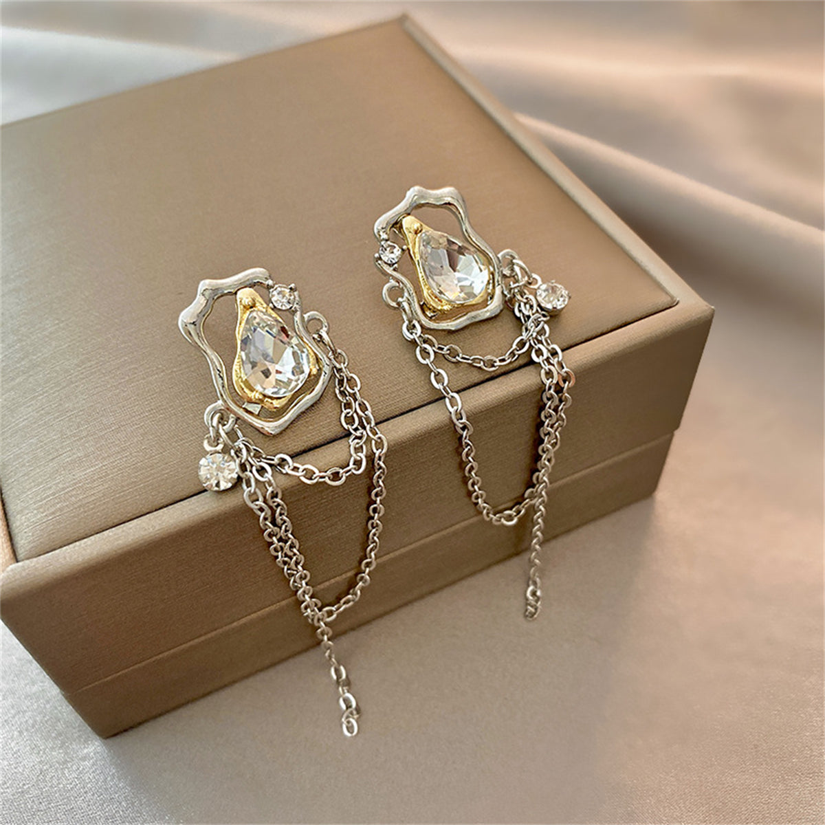 Cubic Zirconia and Crystal Abstract Chain Drop Earrings, drop earrings for women, elegant gift for her, side view