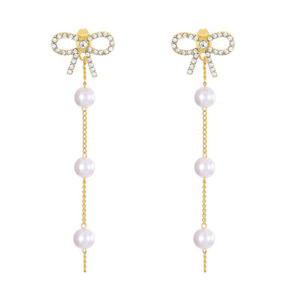 Cubic Zirconia & Pearl 18K Gold-Plated Bow Dangle Ear Jackets
