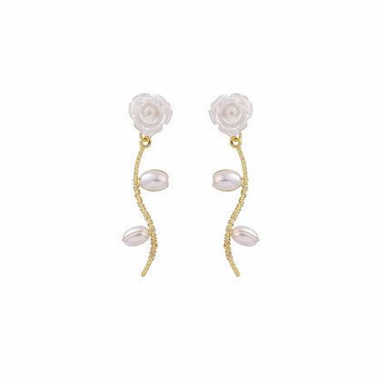Pearl and Resin 18K Gold-Plated Rose Drop Earrings, gold drop earrings for women, vintage-inspired design, styled look