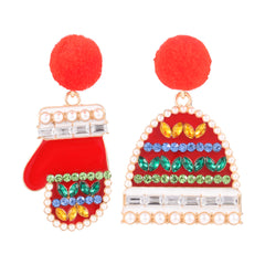 Red Cubic Zirconia & Pearl Hat & Mitten Drop Earrings