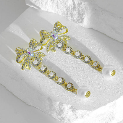 Pearl and Cubic Zirconia Crystal-Accent 18K Gold-Plated Bow Bead Drop Earrings, gold drop earrings for women, detail close-up