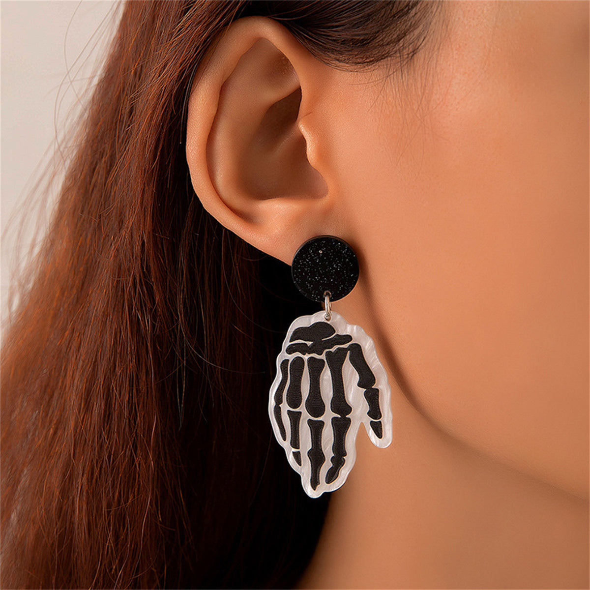Black Acrylic and Silver-Plated Skeleton Hands Drop Earrings, silver drop earrings for women, styled look