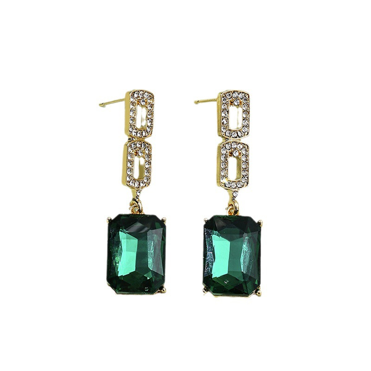 Cubic Zirconia and Green Crystal 18K Gold-Plated Square Drop Earrings, gold drop earrings for women, lifestyle look