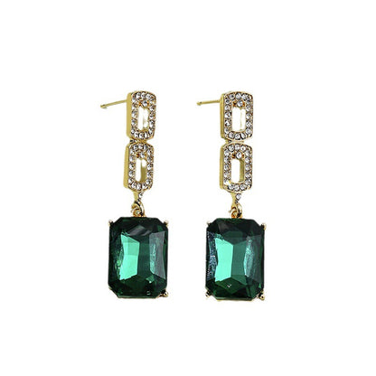 Cubic Zirconia and Green Crystal 18K Gold-Plated Square Drop Earrings, gold drop earrings for women, lifestyle look