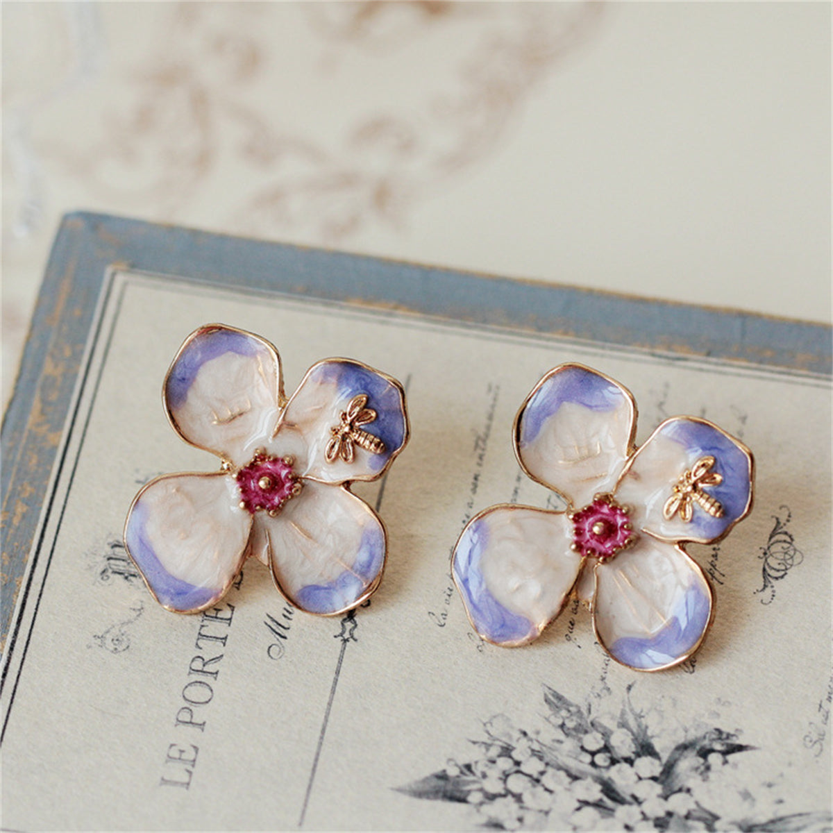 Purple Enamel & 18K Gold-Plated Bee Flower Stud Earrings