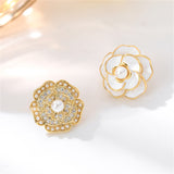 White Enamel & Pearl Camellia Stud Earrings