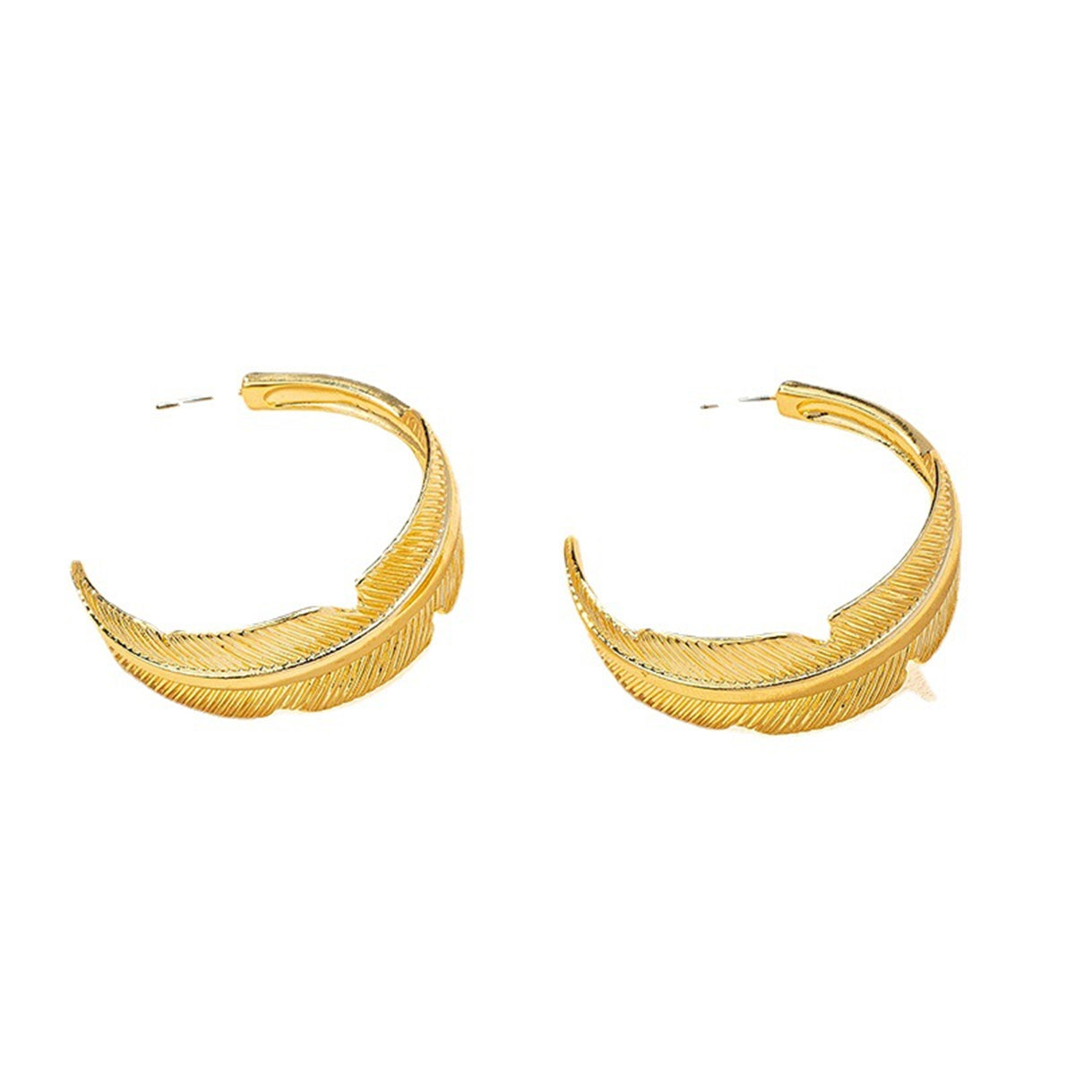 18K Gold-Plated Feather Hoop Earrings, dainty minimalist design, front view