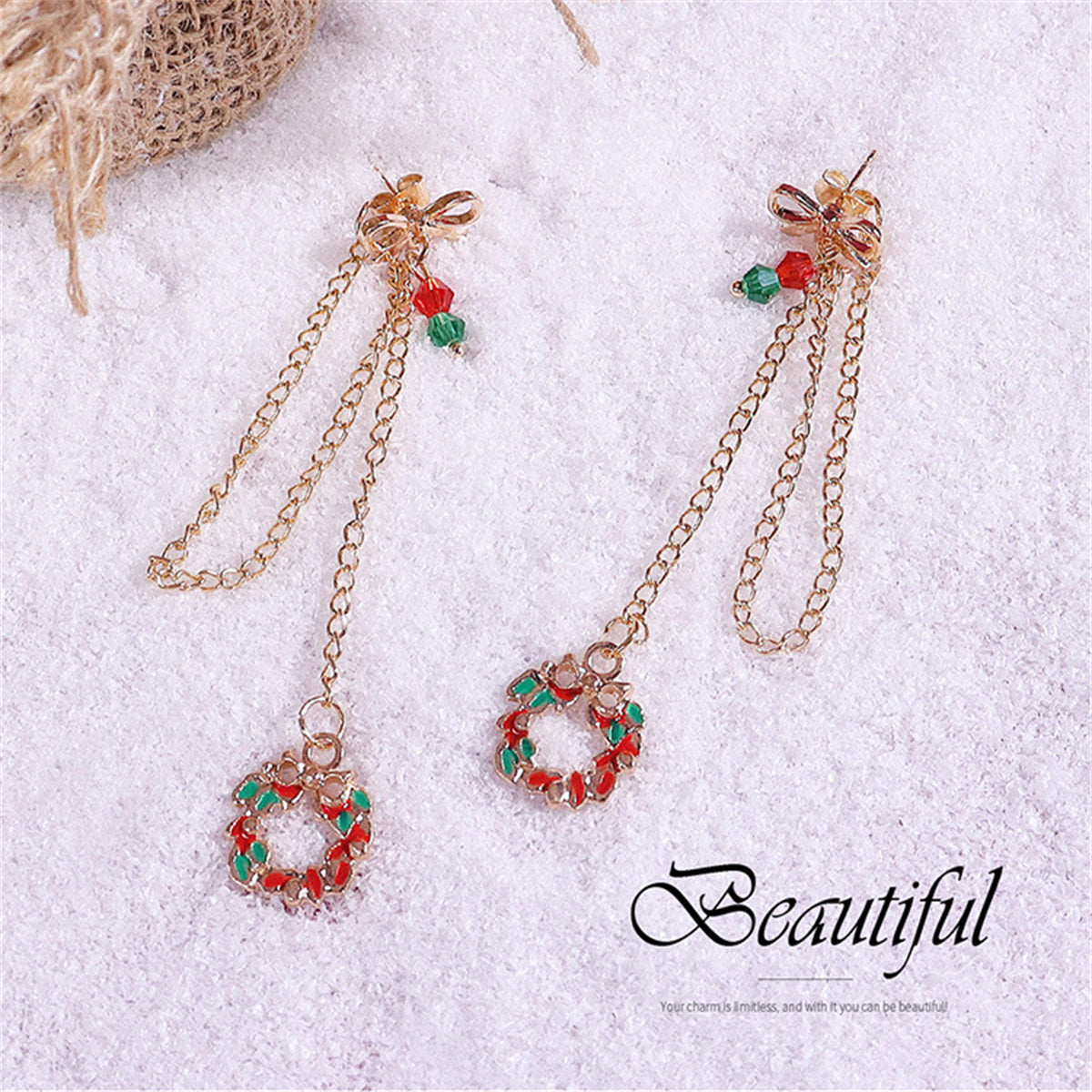 Green Enamel and Acrylic 18K Gold-Plated Bow Wreath Chain Ear Jacket, gold drop earrings for women, detail close-up