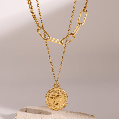 18K Gold-Plated 'Queen Elizabeth' Coin Layered Pendant Necklace, gold pendant necklace for women, lifestyle look