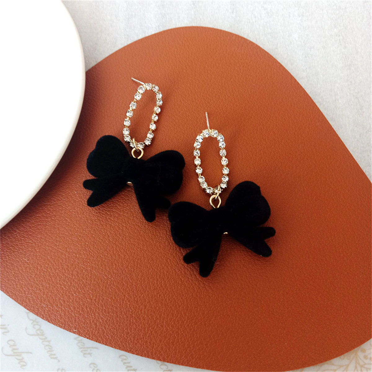 Black Velvet and Cubic Zirconia Oval Bow Drop Earrings, drop earrings for women, dainty minimalist design, styled look