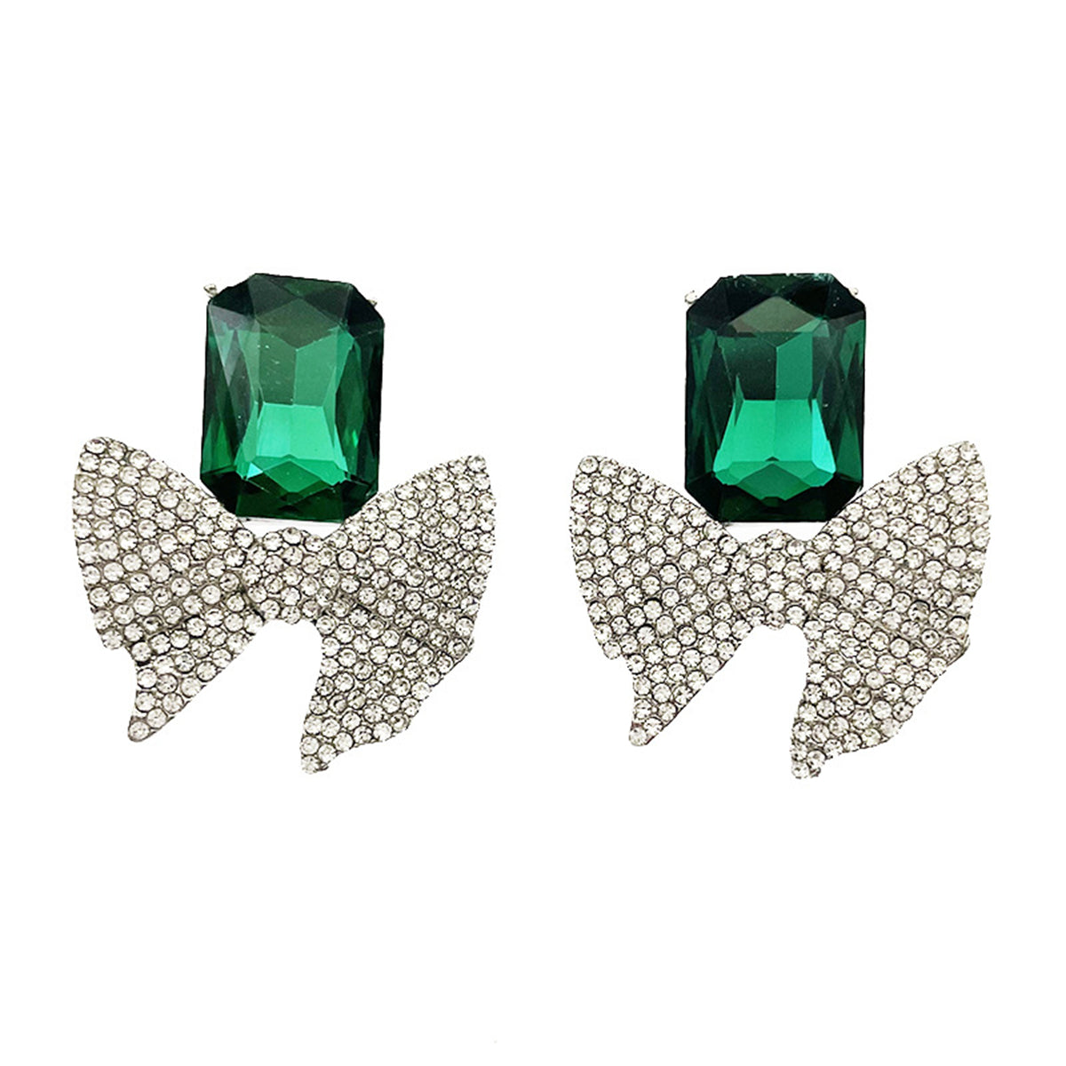 Green Crystal & Cubic Zirconia Silver-Plated Bow Drop Earrings