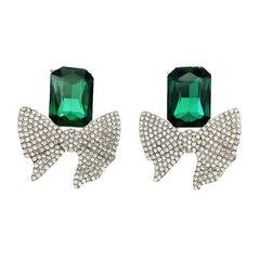 Green Crystal & Cubic Zirconia Silver-Plated Bow Drop Earrings