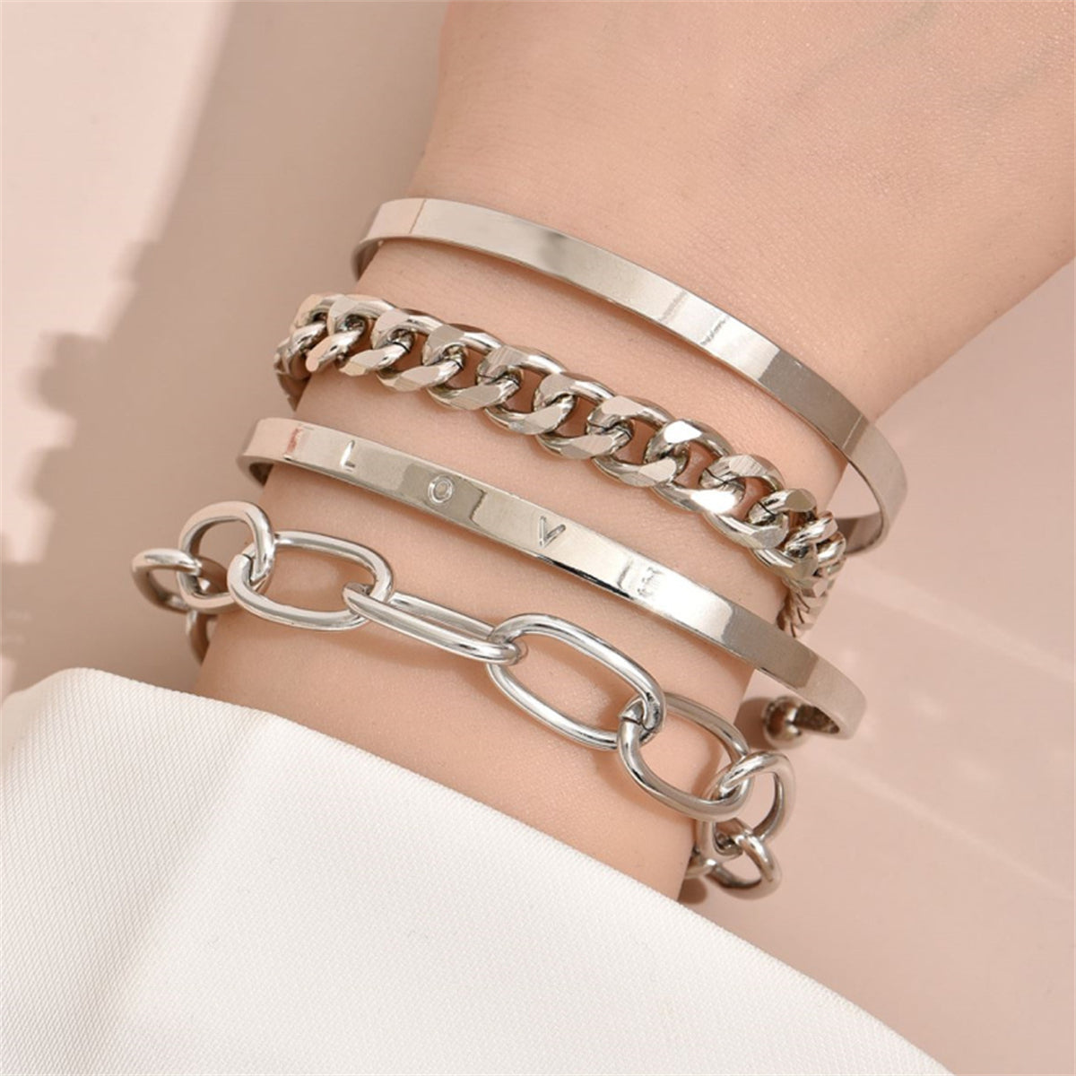 Silver-Plated 'Love' Cuff Set, silver bracelet for women, everyday style, front view