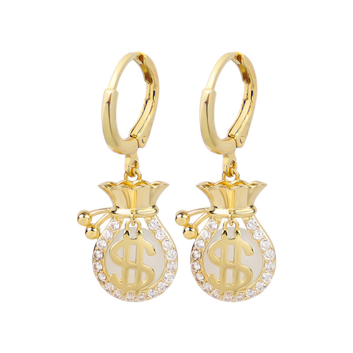 Cubic Zirconia and 18K Gold-Plated Wallet US Dollars Sign Drop Earrings, gold huggie earrings, front view
