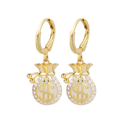 Cubic Zirconia and 18K Gold-Plated Wallet US Dollars Sign Drop Earrings, gold huggie earrings, front view