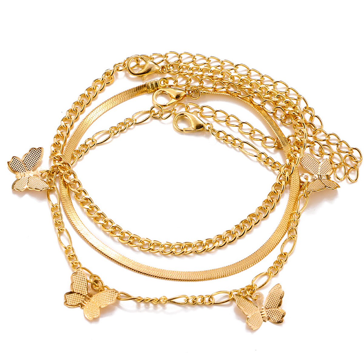 18K Gold-Plated Butterfly Charm Anklet Set, jewelry gift sets for women, everyday style, side view