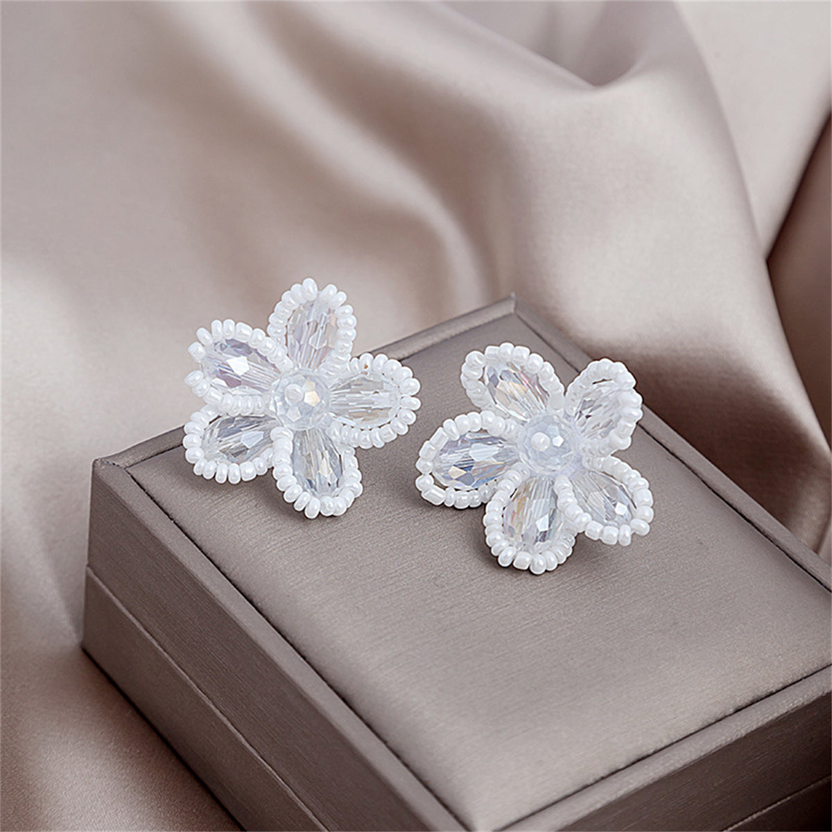 White Howlite and Crystal Silver-Plated Flower Stud Earrings, silver stud earrings for women, styled look